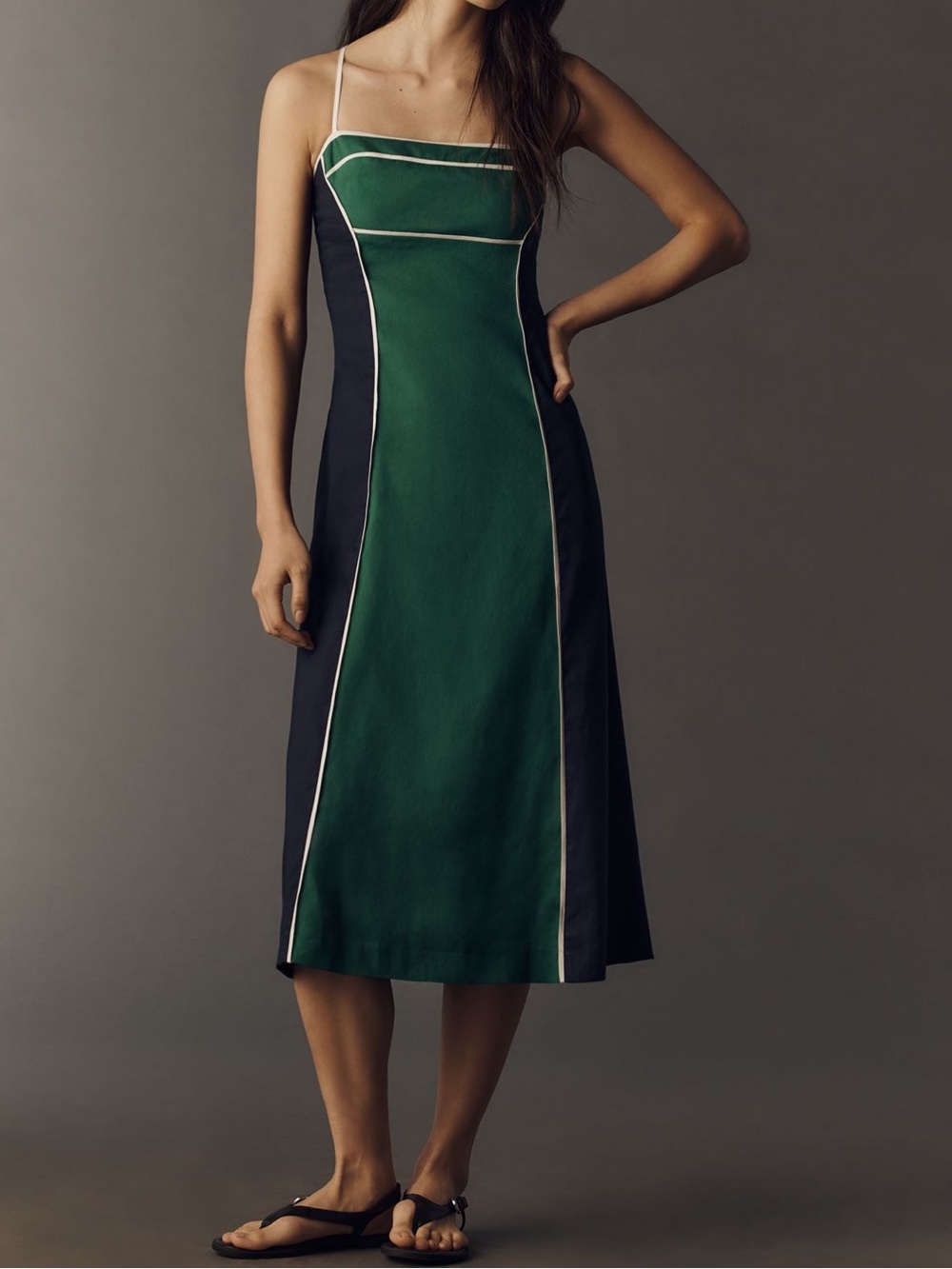 ANTHROPOLOGIE Green & Black Strappy Midi Dress with Contrast Piping